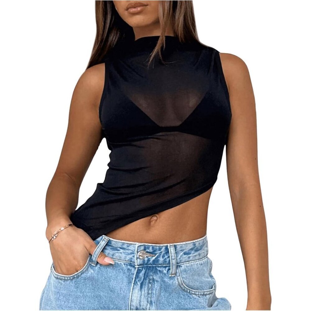 Women's Sheer Mesh Tank Top Crop Sleeveless Mock Neck Asymmetrical Hem